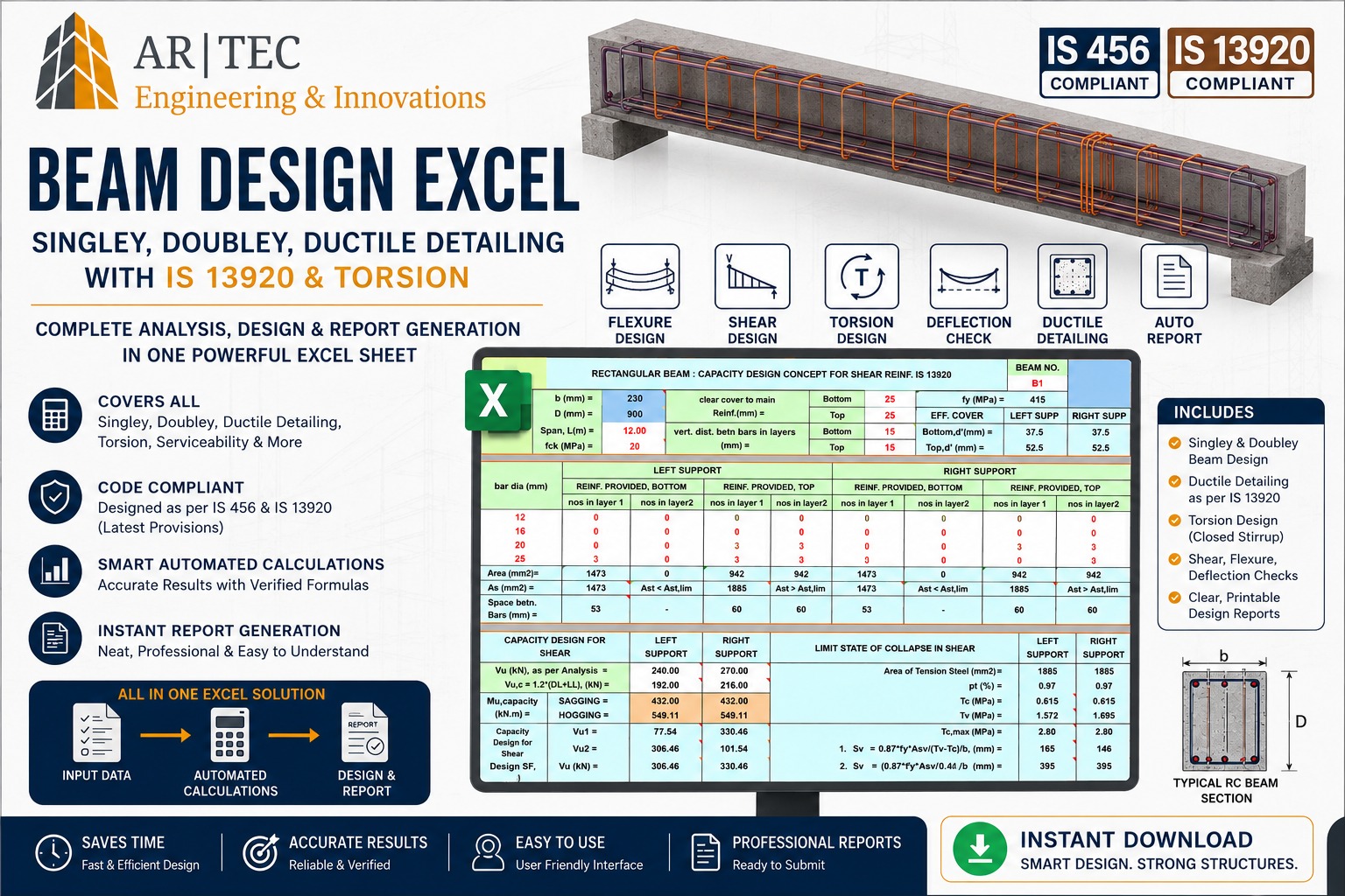 RCC Beam Design Excel Sheet – IS 456 & IS 13920